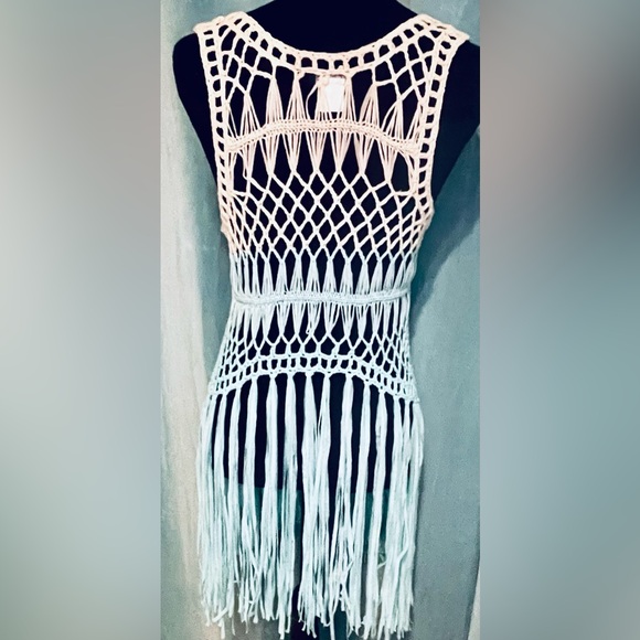 VENUS Macrame Top Size MED Fringe Teal Blue Dipped Top Swimsuit Cover Up - Picture 8 of 14
